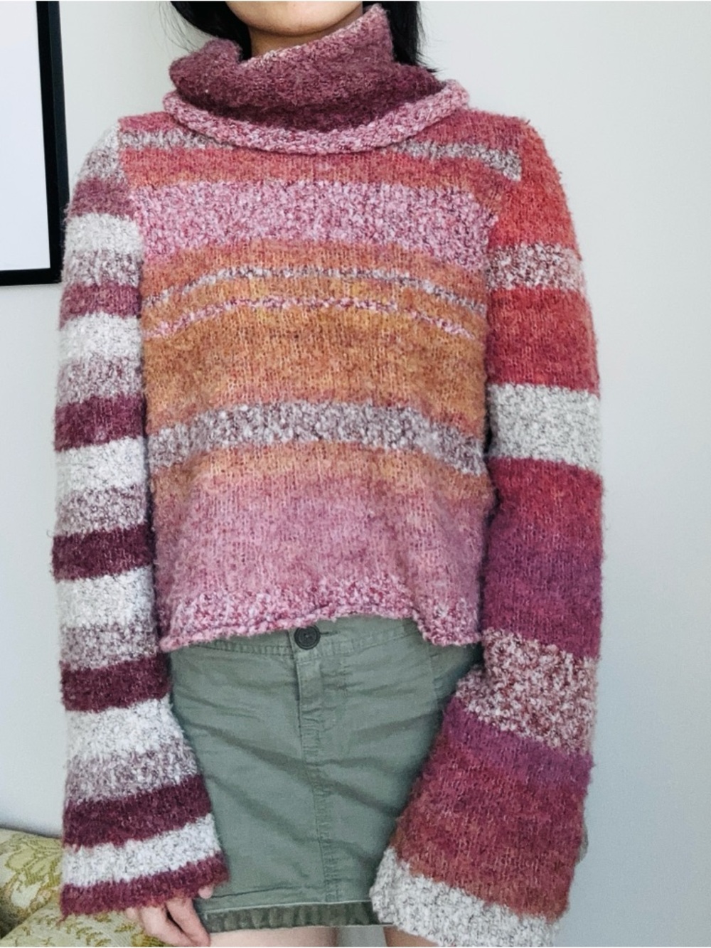 Free People striped warm tone fuzzy bell sleeve cropped cowl neck sweater